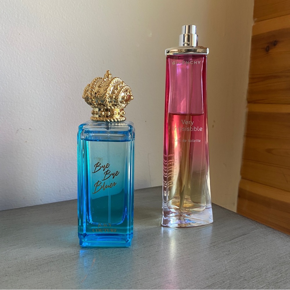 Juicy Couture Baby Bye Blues and Givenchy Very Irrésistible eau de toilette.